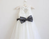 Light Ivory Lace Tulle Long Sleeveless Flower Girl Dresses With Dark Grey Sash/Bows OK212