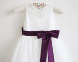 Light Ivory Lace Tulle Sleeveless Floor-length Flower Girl Dresses With Eggplant Sash/Bows  OK213