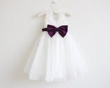 Light Ivory Lace Tulle Sleeveless Floor-length Flower Girl Dresses With Eggplant Sash/Bows  OK213