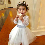 Long Sleeves Light Ivory Lace Tulle Flower Girl Dresses With Silver Sash OK206