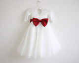 Long Sleeves Ivory Burgundy Sash Bows Lace Tulle Flower Girl Dresses OK211