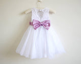 White Lace Lilac Baby Girls Dress, Tulle Flower Girl Dress With Lilac Sash OK203