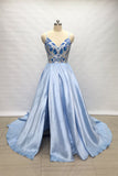 Spaghetti Straps Light Sky Blue Satin Long Prom Dress with Slit OKW4