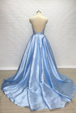 Spaghetti Straps Light Sky Blue Satin Long Prom Dress with Slit OKW4