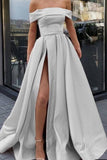 Simple A-line Off Shoulder Satin Prom Dress With Side Slit OKV80