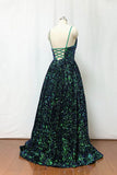 A-line Sequin Prom Dress Spaghetti Straps Forest Green Long Evening Dress OKW6