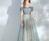 Off Shoulder Dusty Blue Prom Dress Lace Up Tulle A-line Evening Dress Senior Prom Dress OKV90