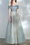 Off Shoulder Dusty Blue Prom Dress Lace Up Tulle A-line Evening Dress Senior Prom Dress OKV90