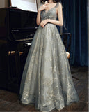 Beaded Tulle Fairy Prom Dress For Women V-Neck Long Party Dress Floor Length Evening Dress OKV92