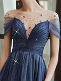 Starry Blue Off Shoulder Floral Event Dress Sparkling Long Prom Dress Aline Event Dress Gradient Long Dress OKV91