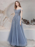 Blue A-line Tulle Prom Dress for Women Long Evening Dress Graduation Dress OKV89