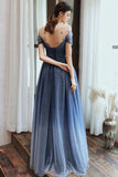 Starry Blue Off Shoulder Floral Event Dress Sparkling Long Prom Dress Aline Event Dress Gradient Long Dress OKV91