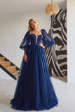 Elegant A-line Tulle Princess Simple Prom Dress Long Dark Blue Evening Dress OKV79