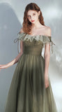 A Line Off the Shoulder Tulle Floor Length Prom Dress Green Elegant Fairy Dress OK1390