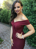 Mermaid Off-the-Shoulder Burgundy Simple Prom Dresses with Split OKI93