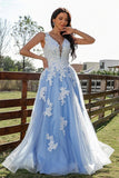 Blue A Line/Princess Tulle Appliques V-neck Sleeveless Long Prom Dress OK1364