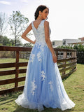 Blue A Line/Princess Tulle Appliques V-neck Sleeveless Long Prom Dress OK1364