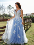 Blue A Line/Princess Tulle Appliques V-neck Sleeveless Long Prom Dress OK1364