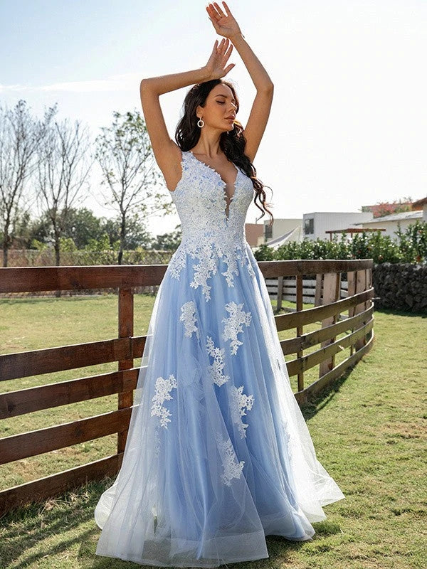 Blue A Line/Princess Tulle Appliques V-neck Sleeveless Long Prom Dress OK1364