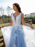 Blue A Line/Princess Tulle Appliques V-neck Sleeveless Long Prom Dress OK1364