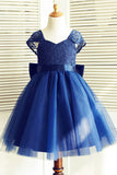 A-Line Square Neck Cap Sleeves Dark Blue Flower Girl Dress with Lace Bowknot OKP16