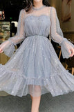 Long Sleeves Sequins Grey Knee Length Homecoming Dress Short Prom Dress OKY71