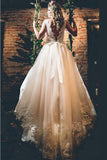 Elegant Off White Lace Appliques A-line Chapel Train Wedding Dress with Sash OKB05