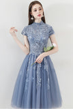 Blue A Line Tulle Cap Sleeves High Neck Homecoming Dresses With Lace Appliques OKC6