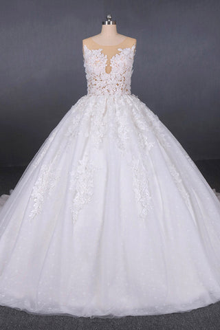 White Appliques Tulle Ball Gown Princess Wedding Dresses, Bridal Gown OKQ31