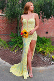 Yellow Sequins Plunge Neck Long Prom Dress with Slit Evening Party Dress OK1533