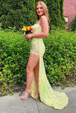 Yellow Sequins Plunge Neck Long Prom Dress with Slit Evening Party Dress OK1533