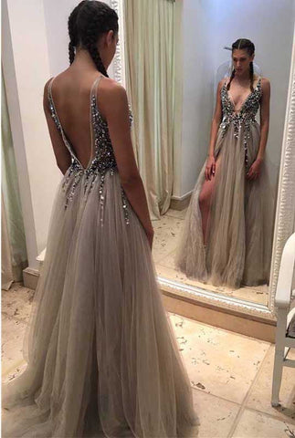 Backless Rhinestone Tulle Deep V-neck Sexy Prom Dress Long Split Prom Dress OK157