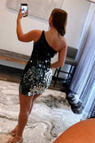 Black Gradient Cut Glass Mirror One-Shoulder Short Prom Dress Homecoming Dresses OK1655