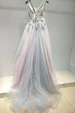 Appliques Long Prom Dress A-line V Neck Tulle Evening Dress OKU14