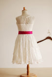 Ivory Bateau A-line Princess Sleeveless Long Lace Flower Girl Dresses With Sash OK701