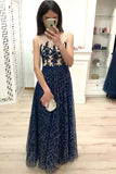 A Line Dark Blue Long Prom Dress, Sequins Sleeveless Evening Dress OKJ19