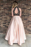 High Neck Blush A Line Black Lace Sleeveless Prom Dresses With Pockets OK687