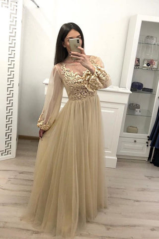 Stunning A Line Long Sleeves Tulle Appliques Prom Dresses OKH59