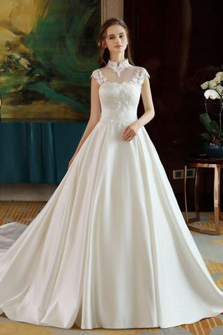 Ivory High Neck Ball Gown Lace Applique Cheap Wedding Dress OK801