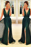 Sexy Prom Dresses,Long Prom Dresses,Sleeveless Prom Dresses,Front Split Prom Dress,Sequined Prom Gowns,Dark Green Prom Dresses,V neck Evening Dresses