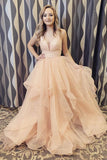 Elegant Spaghetti Straps A-line Long Prom/Formal Dress with Ruffles OKT98