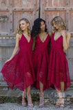 Navy Blue/Pink Deep V-neck Spaghetti Straps Sleeveless Asymmetry Lace A-line Bridesmaid Dresses OK236