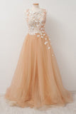 A-line Round Neck Tulle Long Prom Dress with Lace Appliques OKU29