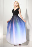 Elegant Gradient Chiffon V-neck Long Back Up Lace Prom Dresses K120