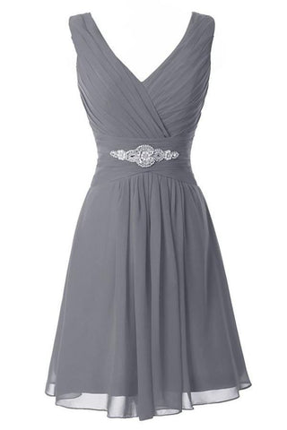 V-neck Simple Grey Chiffon Beading Comfy Homecoming Dress K411