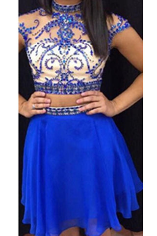 Royal Blue Handmade Short Beading High Neck Open Back 2 Pieces Homecoming Dress K426