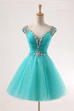 Teal V-neck A-line Short Tulle Beaded Homecoming Dresses K450