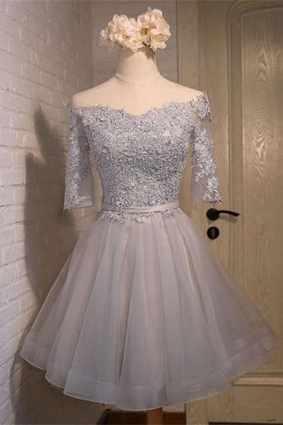 Grey Off Shoulder Half Sleeves Lace A-line Short Homecoming Dresses K461