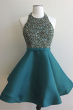 Formal Halter Beading Short Satin Open Back Homecoming Graduation Dress K464