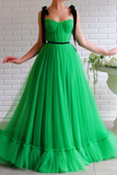 A-line Black Straps Sage Long Charming Prom Dress Tulle Evening Dress OKS97